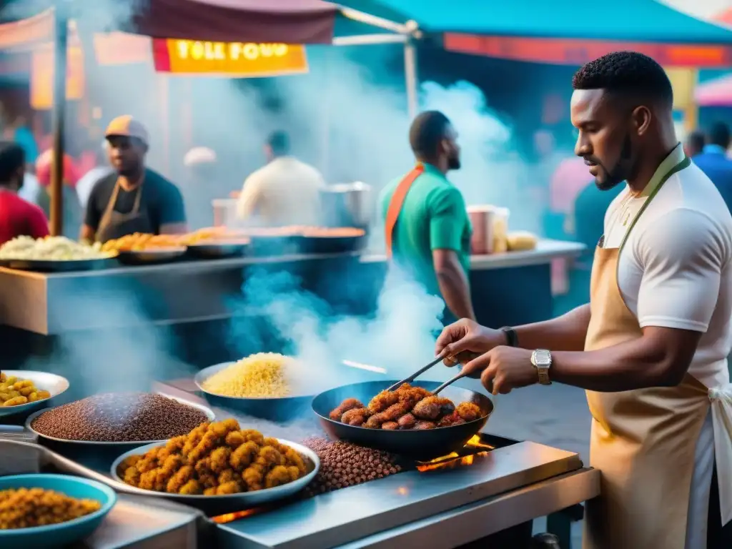 Un vibrante mercado callejero en América Latina con influencia africana en su gastronomía