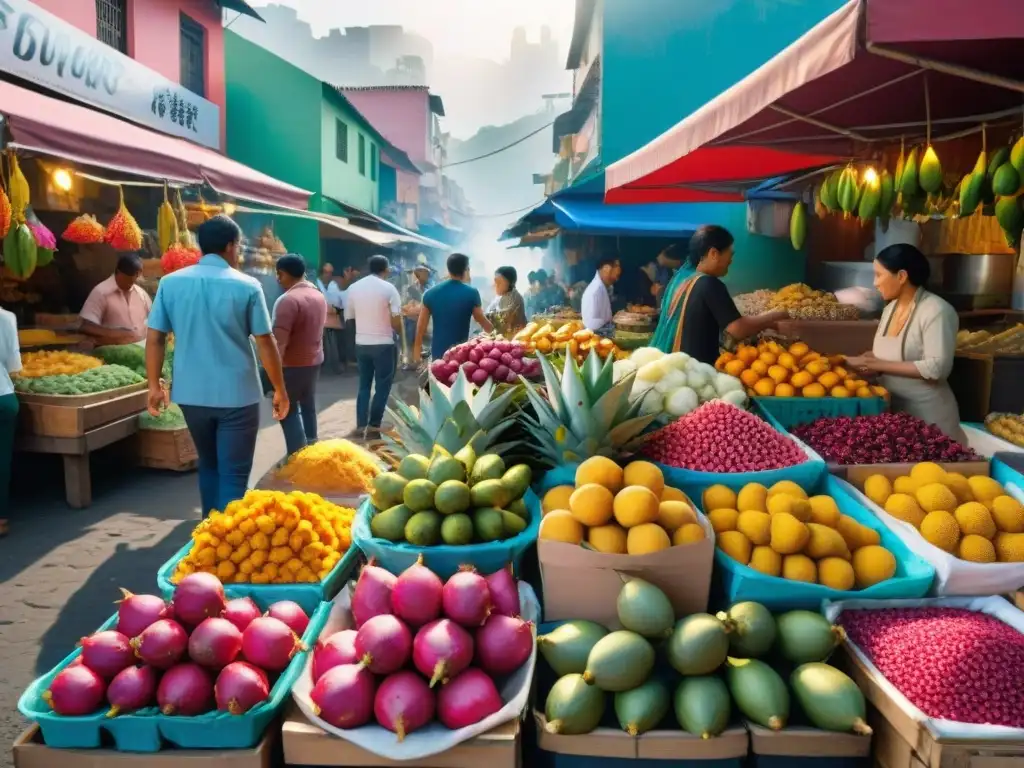 Un vibrante mercado callejero en América Latina con ingredientes exóticos que capturan la energía y colores únicos del lugar