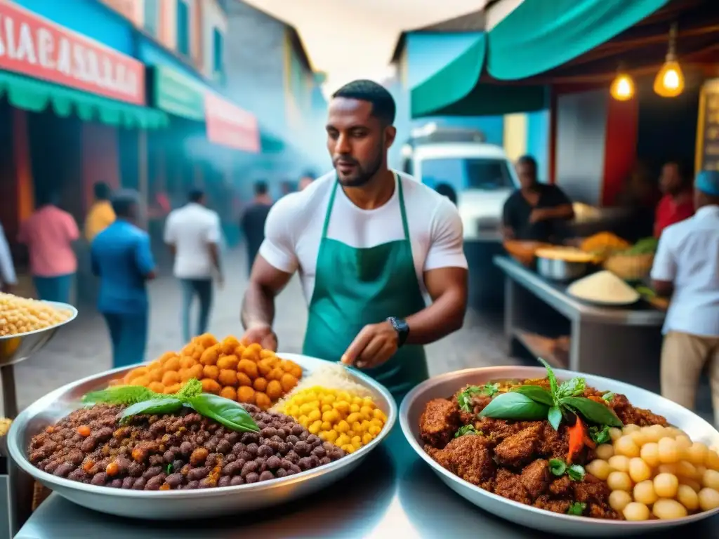 Vibrante mercado callejero en América Latina con influencia africana en la comida