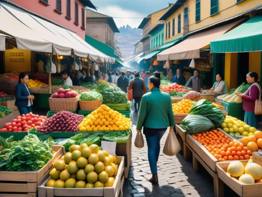 Vibrante mercado callejero en América Latina, lleno de frutas y verduras en La Plaza de Mercado de Paloquemao en Bogotá, Colombia