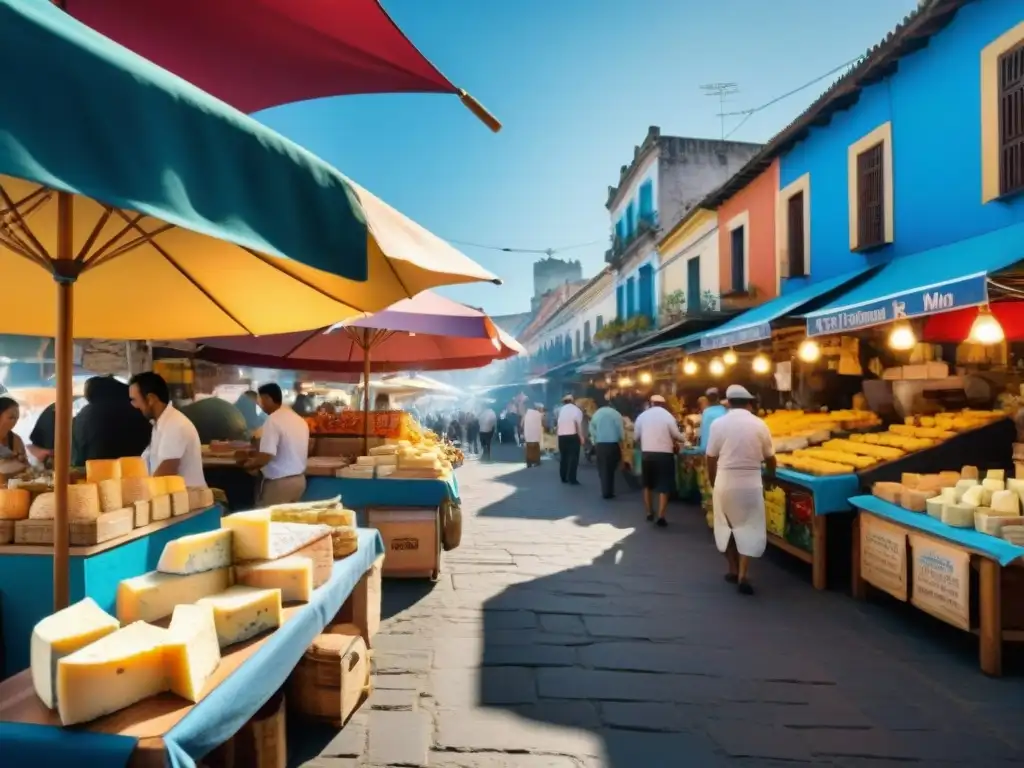 Vibrante mercado callejero en América Latina con quesos artesanales en coloridos puestos, una experiencia gastronómica única