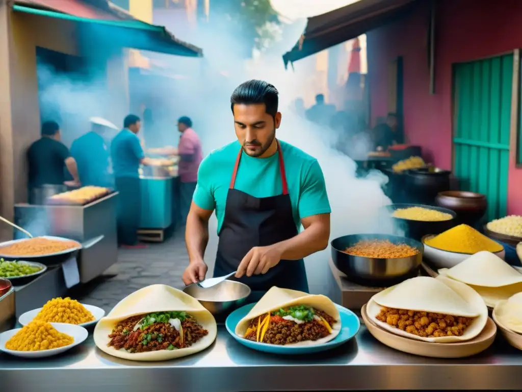 Vibrante mercado callejero de América Latina, donde las recetas de comida callejera son el alma