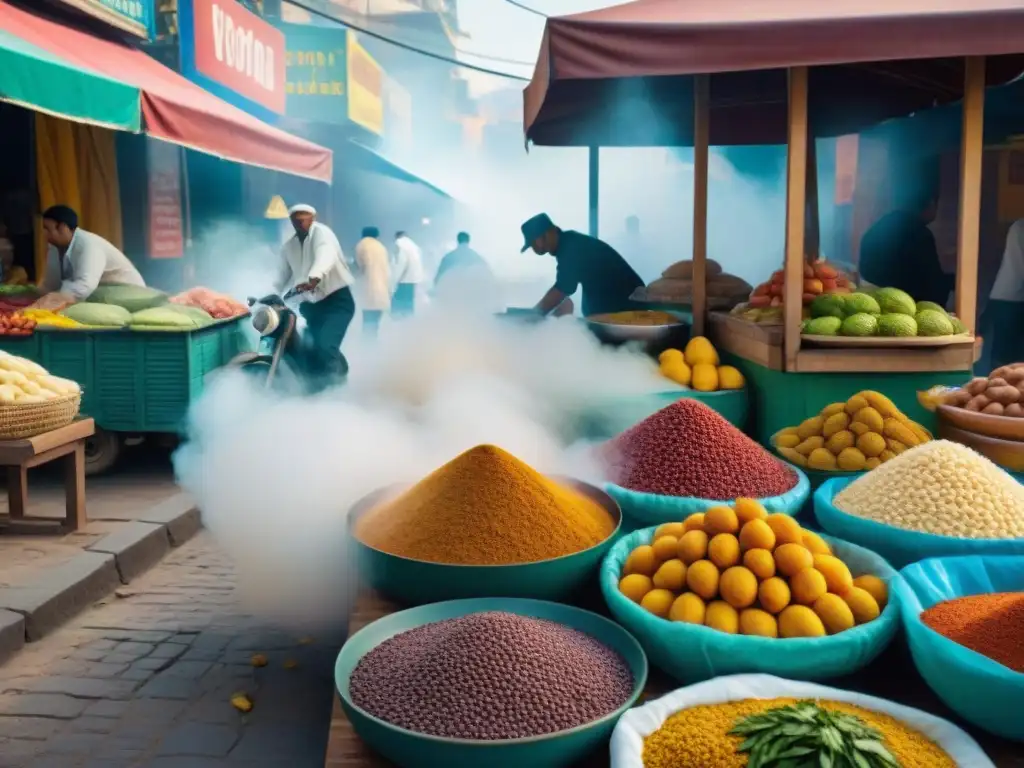 Un vibrante mercado callejero en América Latina con ingredientes exóticos y coloridos, una experiencia culinaria única