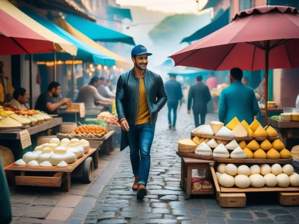 Un vibrante mercado callejero latinoamericano con puestos de comida coloridos y quesos artesanales, creando una atmósfera auténtica