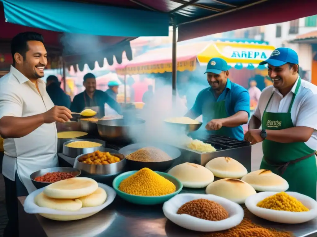 Vibrante mercado callejero latinoamericano con comida tradicional como arepas, tacos y ceviche