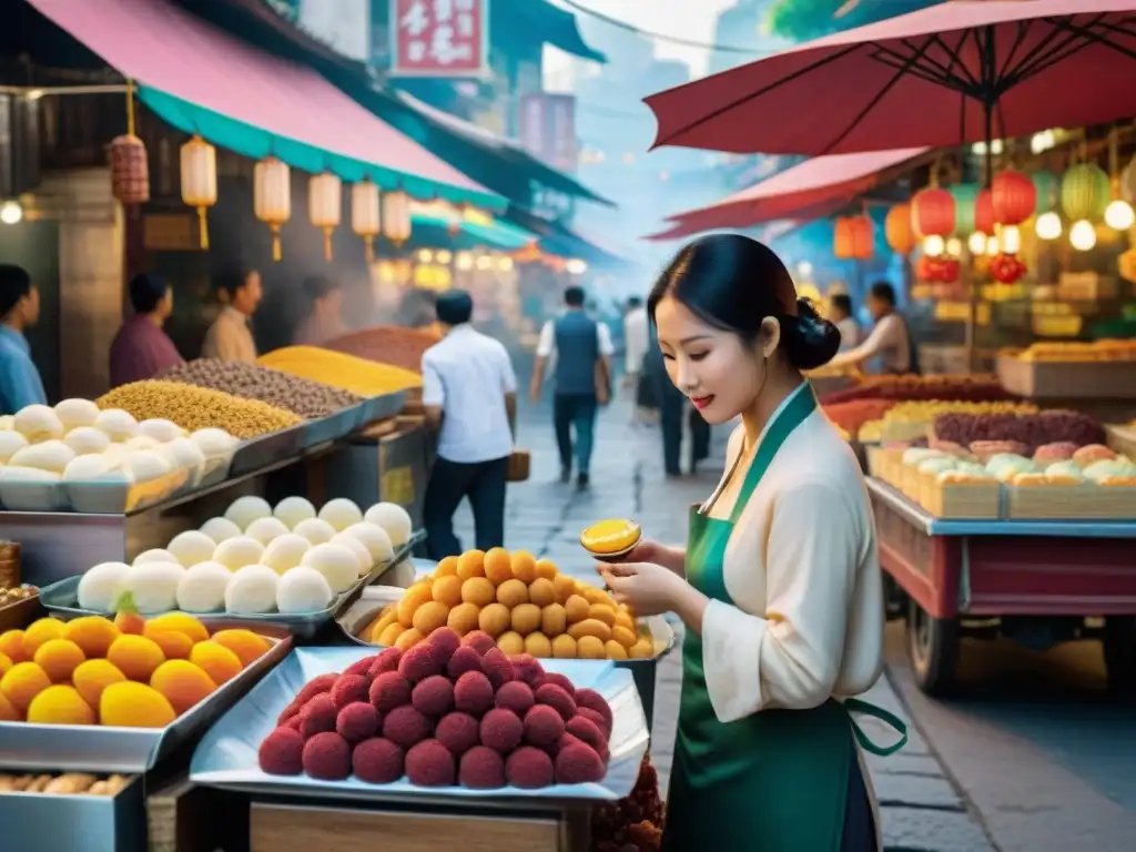 Vibrante mercado callejero en Asia delicia, con puestos de postres y vendedor preparando delicias asiáticas