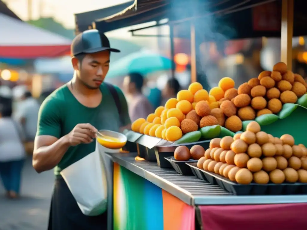 Vibrante mercado callejero en Filipinas con puestos de Kwek Kwek, ingredientes auténticos y ambiente acogedor bajo el sol poniente