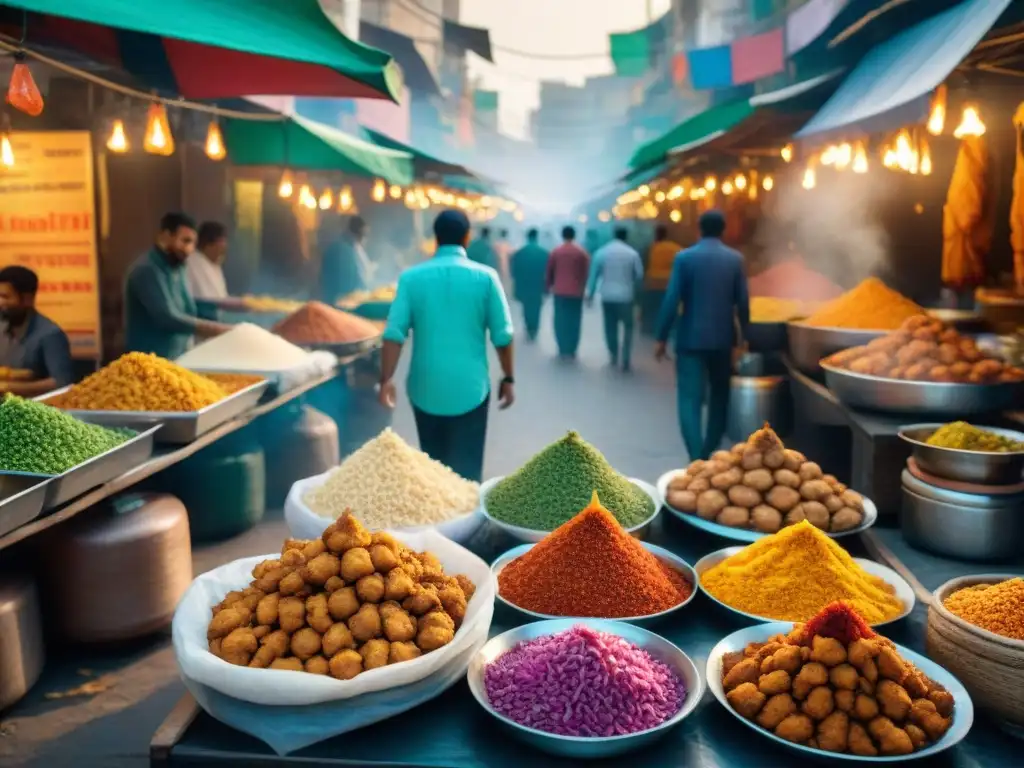 Vibrante mercado callejero en Pakistán con sabores y colores de los Pakoras, reflejando la cultura culinaria