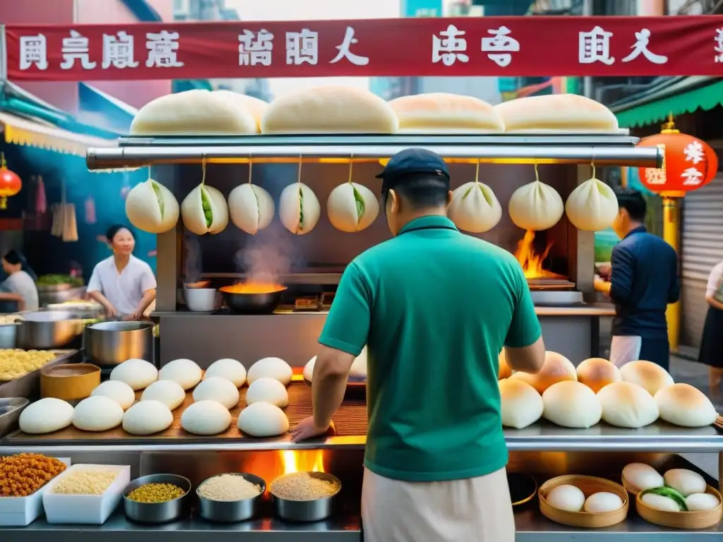 Vibrante mercado callejero en Taiwán, con chefs preparando Gua Bao