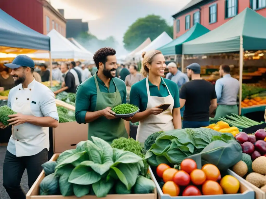 Vibrante mercado con chefs debatiendo sobre tendencias gastronomía verde compostaje