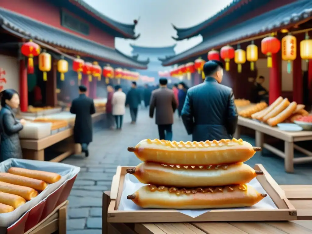 Un vibrante mercado chino con vendedores de Youtiao fresco, destacando la historia y legado Youtiao chinos