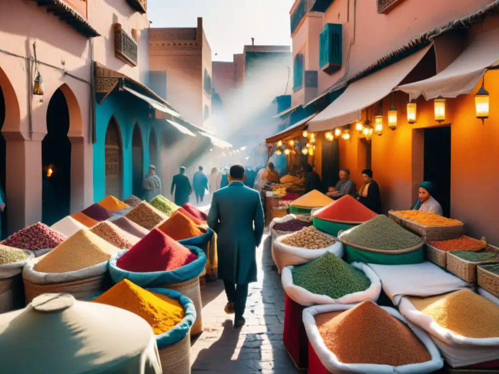 Vibrante mercado en Marrakech con coloridas tiendas y bulliciosa multitud