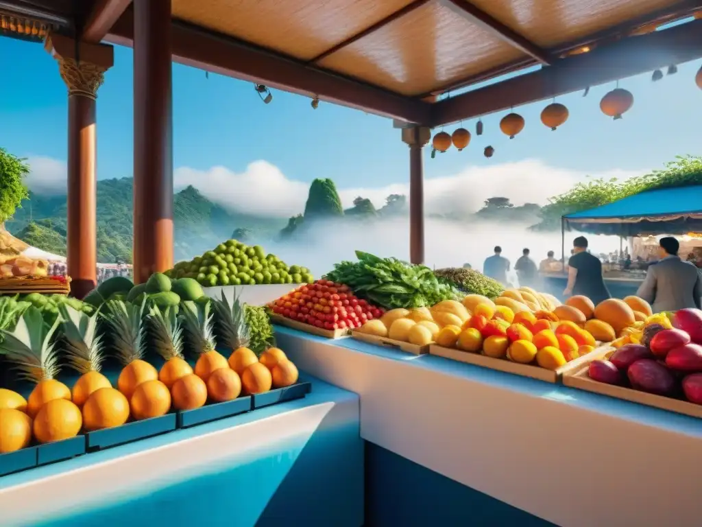 Un vibrante mercado de comida al aire libre en un exótico lugar, para un retiro gastronómico aventureros mundo