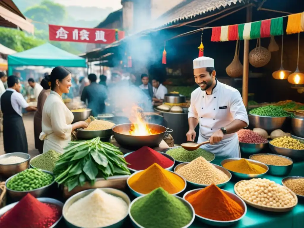 Vibrante mercado de comida al aire libre con impacto cultural fusiones étnicas gastronomía