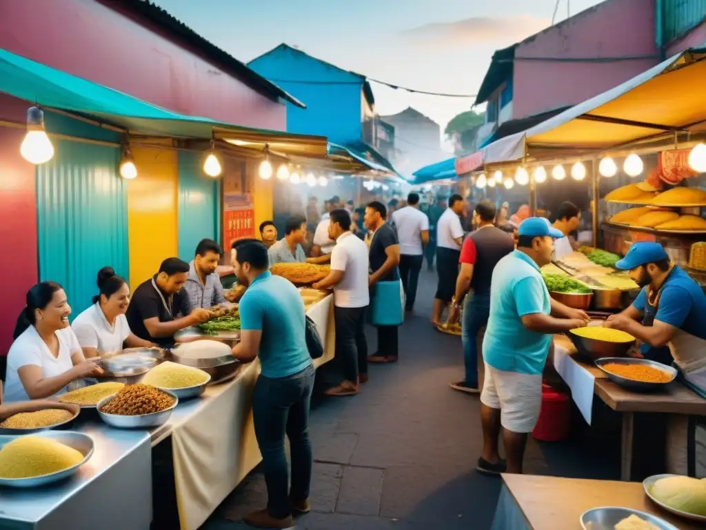 Vibrante mercado de comida callejera latinoamericana con puestos de arepas, tacos y empanadas, rodeados de murales coloridos y clientes diversos