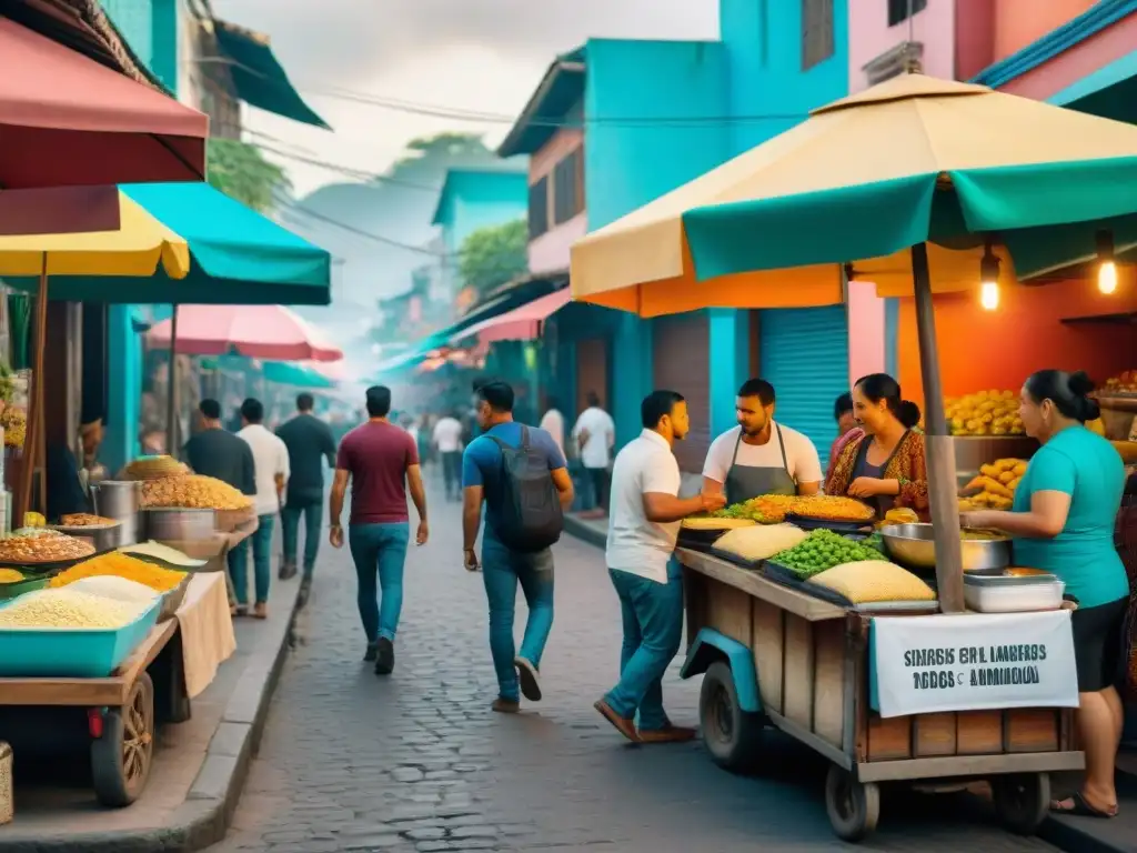 Un vibrante mercado de comida callejera en América Latina: coloridos puestos, sabores tradicionales y diversidad de clientes