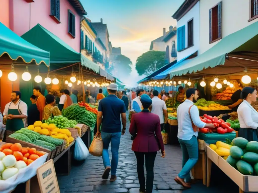 Vibrante mercado de comida callejera en América Latina, lleno de coloridas paradas y sabores