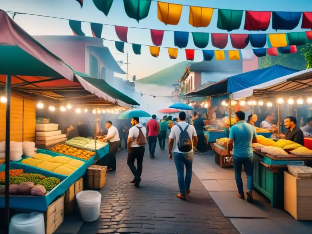 Vibrante mercado de comida callejera en América Latina: colores, sabores y cultura