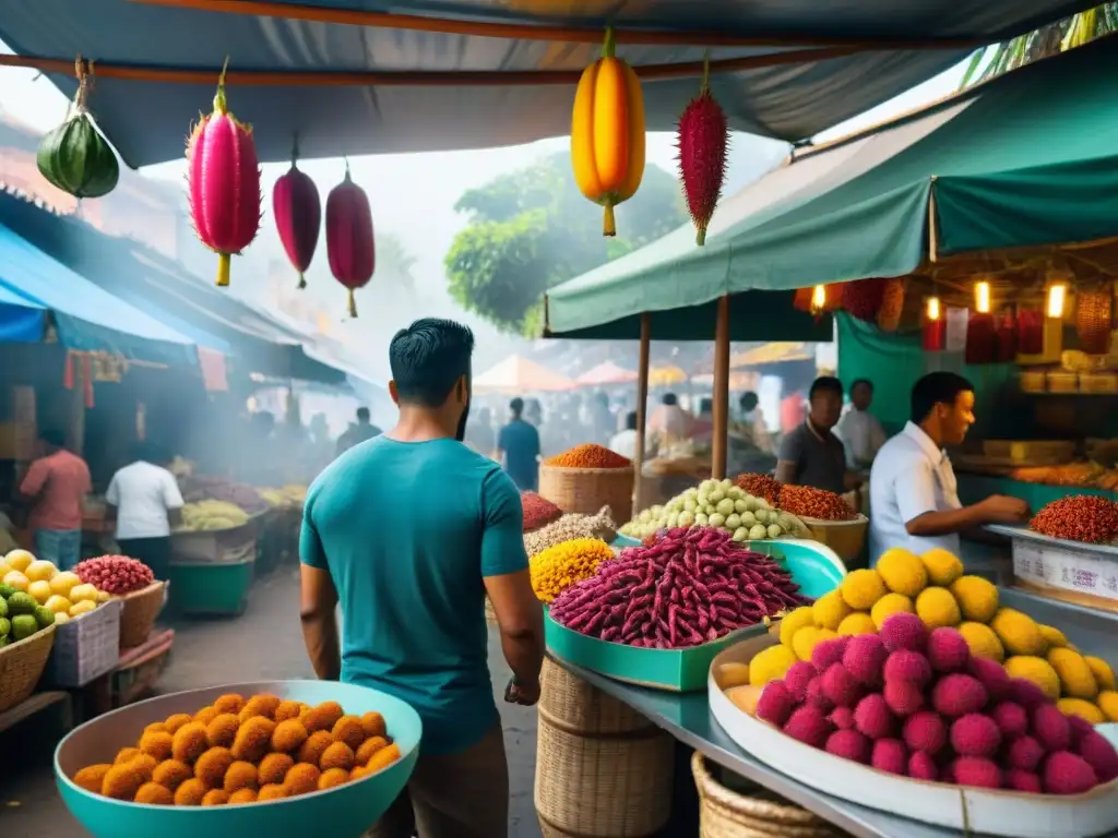 Vibrante mercado de comida callejera en América Latina con ingredientes exóticos como pitayas y rambutanes, y vendedores locales preparando platos