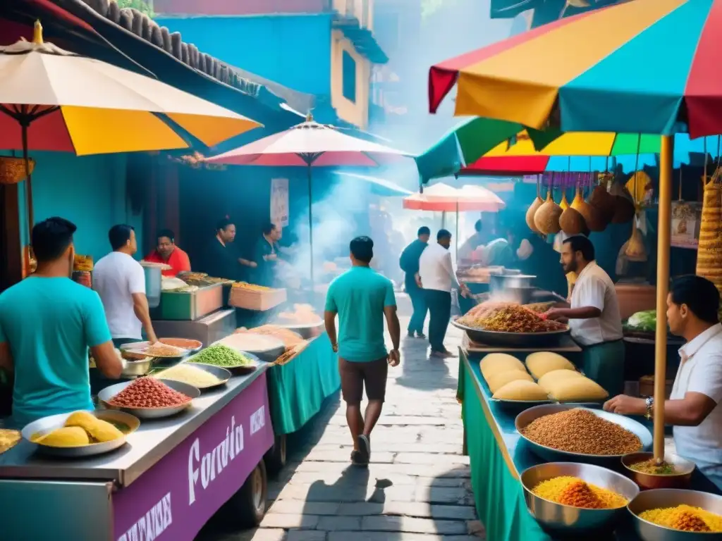 Vibrante mercado de comida callejera en América Latina, fusionando tradición e innovación culinaria