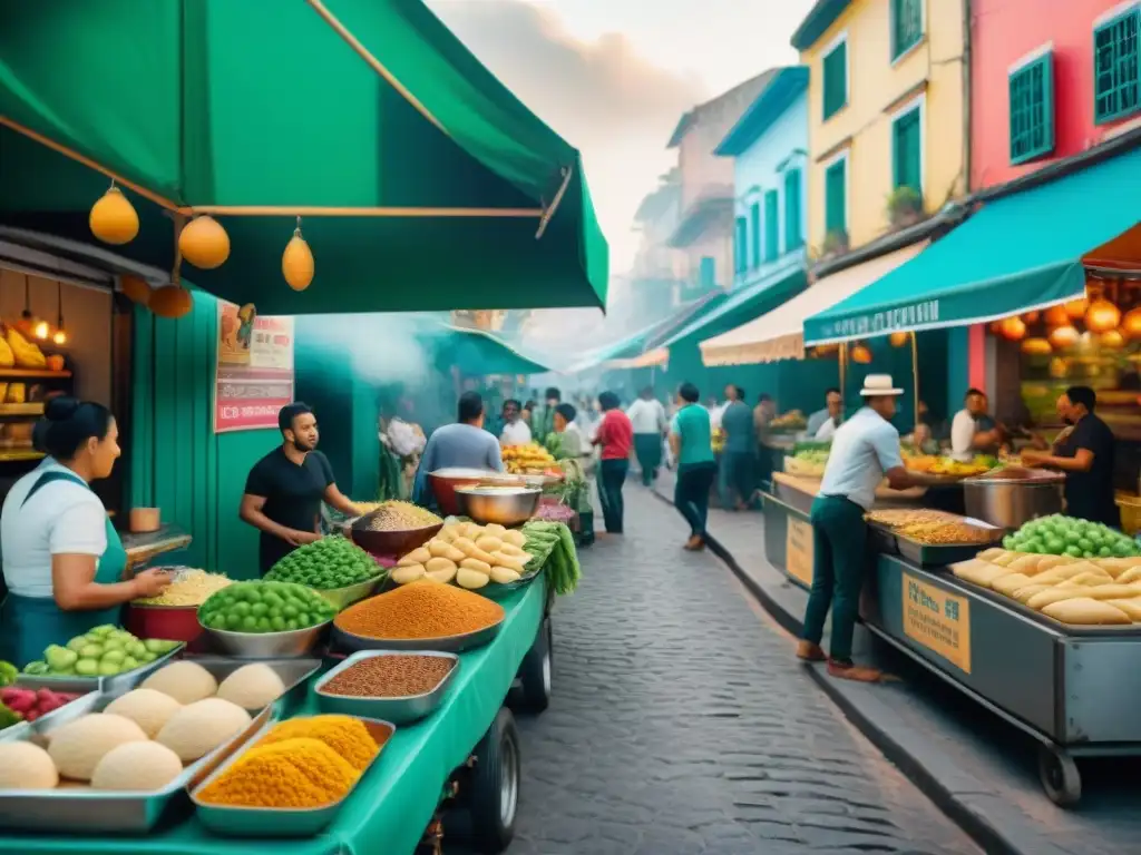 Vibrante mercado de comida callejera vegana en América Latina, fusionando sabores tradicionales e innovadores platos vegetales