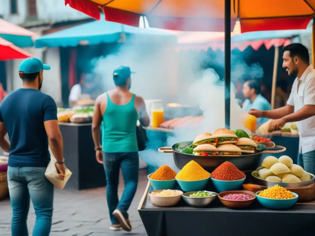 Un vibrante mercado de comida callejera en América Latina, con puestos de comida coloridos y aromas deliciosos