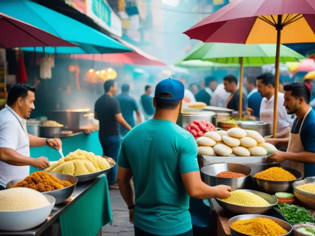 Vibrante mercado de comida callejera latina con puestos coloridos y clientes disfrutando de la cocina gourmet