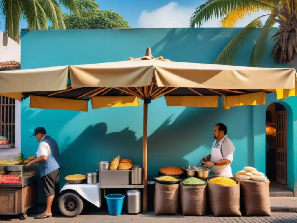 Vibrante mercado de comida callejera en ciudad latinoamericana con cocina gourmet y coloridos puestos de comida