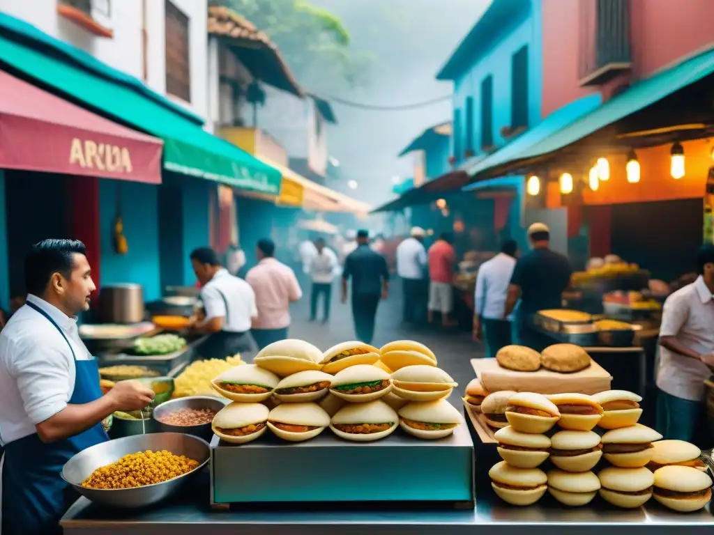 Vibrante mercado de comida callejera gourmet en América Latina: coloridos puestos con platos tradicionales y ambiente animado