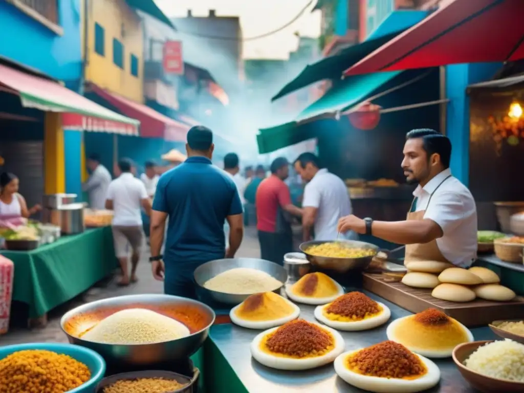 Vibrante mercado de comida callejera latina, con puestos coloridos y clientes entusiastas, capturando la esencia de la cocina gourmet