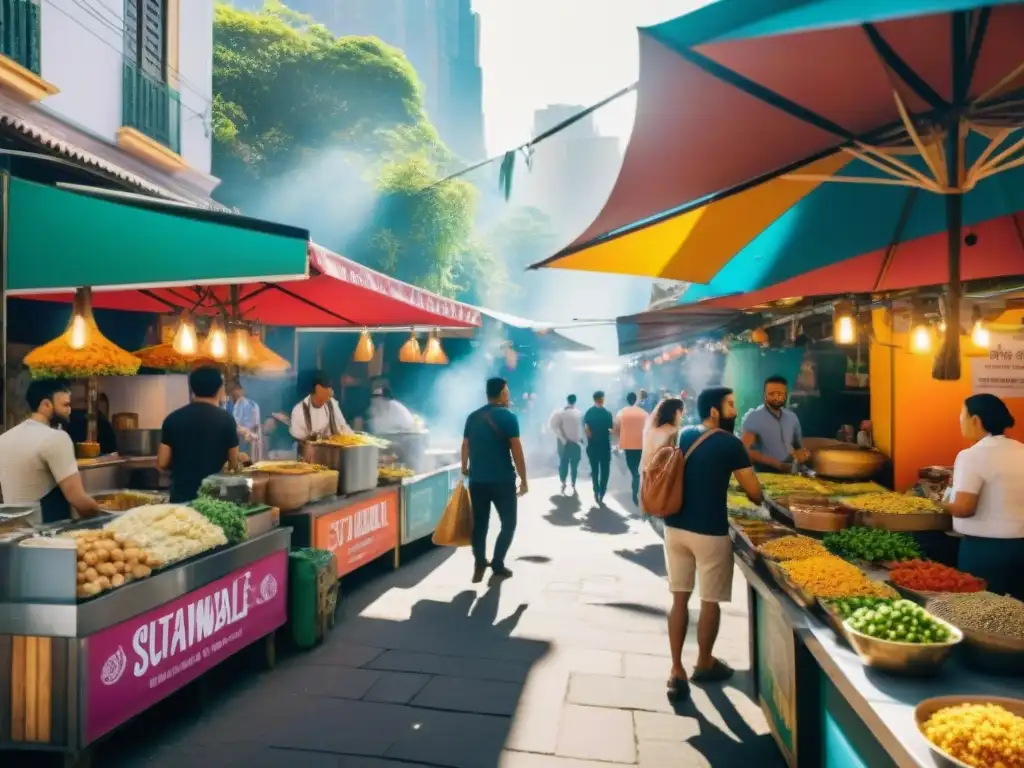 Un vibrante mercado de comida callejera sostenible en América Latina, con una atmósfera inclusiva y animada