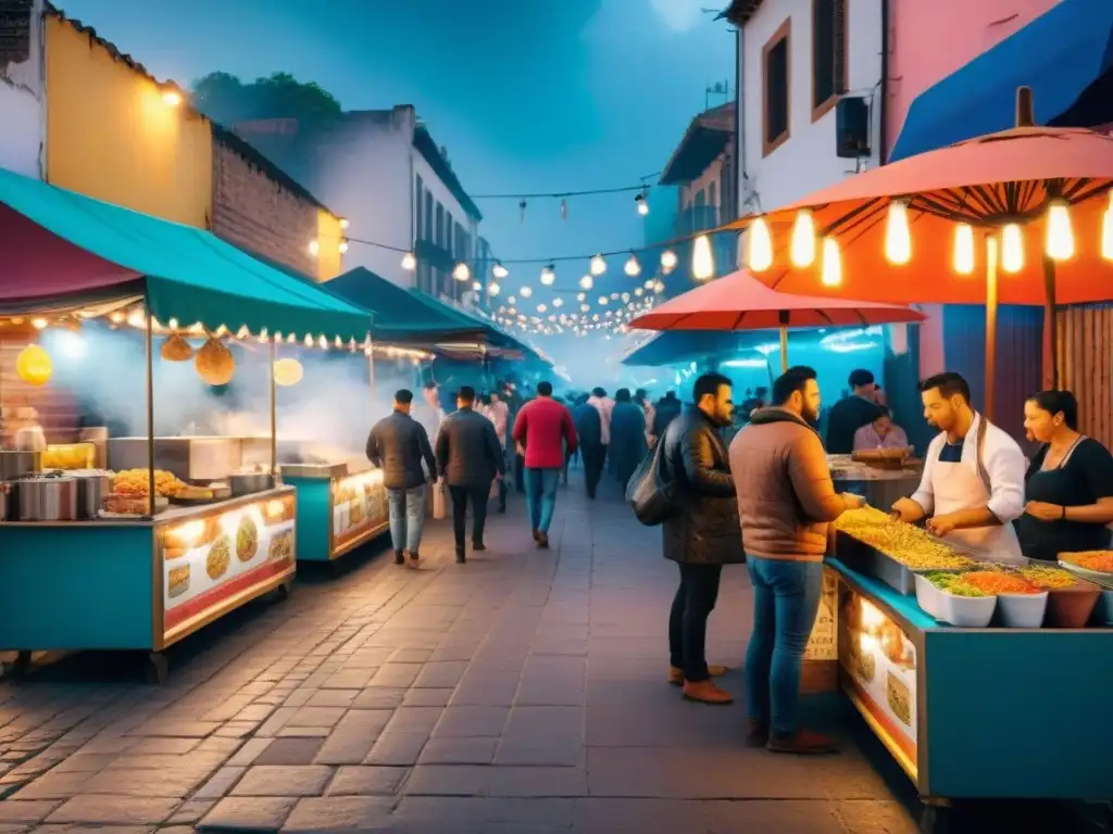 Vibrante mercado de comida callejera gourmet América Latina con chefs preparando arepas, tacos, ceviche y empanadas