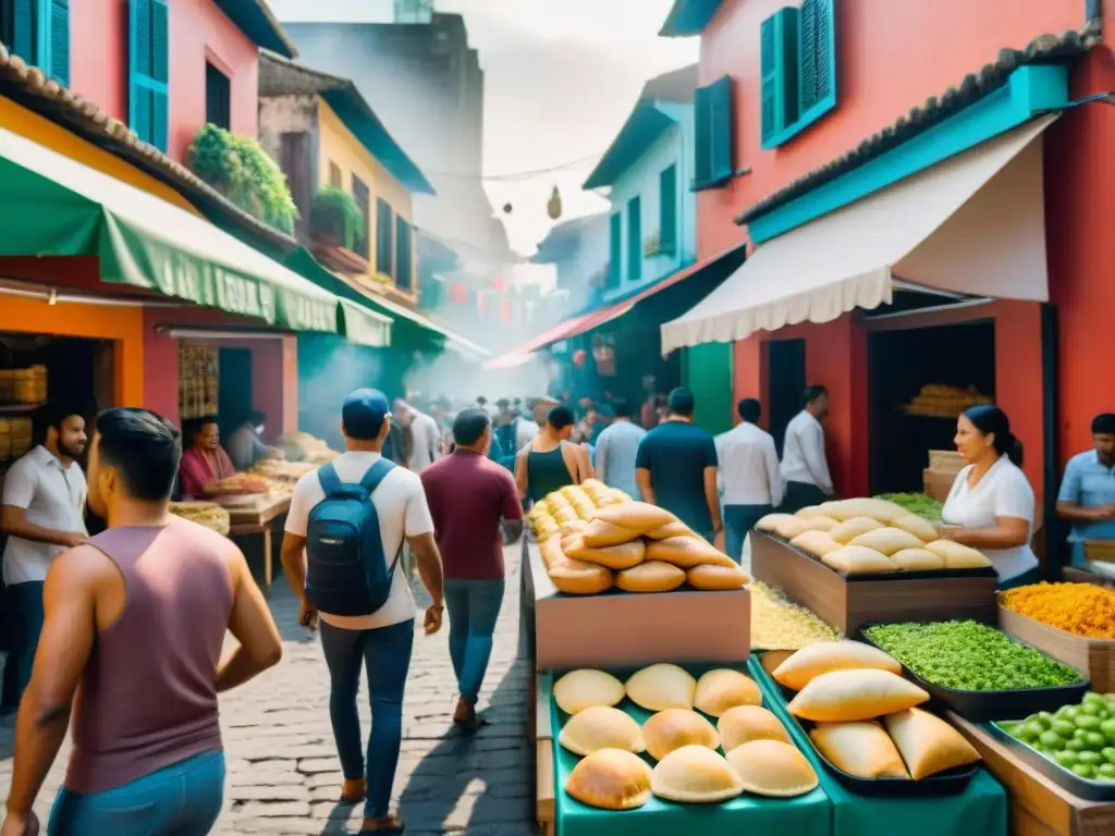 Vibrante mercado de comida callejera latinoamericana con deliciosos antojitos y ambiente acogedor