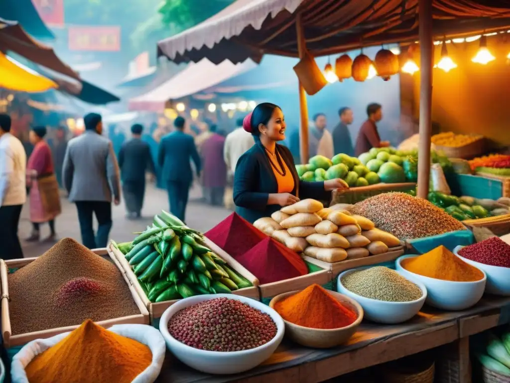 Mercado étnico: colores, sabores y diversidad cultural Un vibrante mercado de comida étnica tradicional, lleno de coloridas especias y platos aromáticos