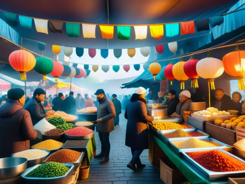 Un vibrante mercado de comida étnica fusionada, muestra diversidad y unión en la variedad de platos tradicionales