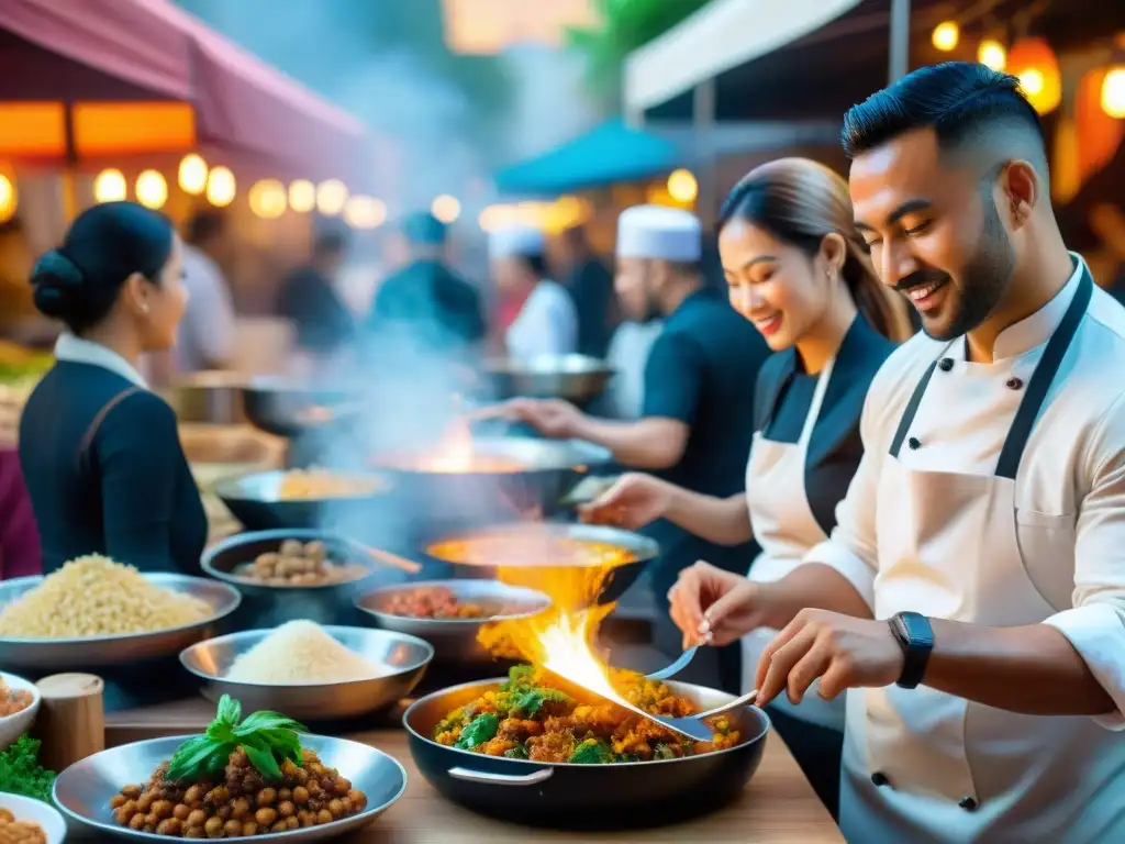 Un vibrante mercado de comida fusionando tradiciones culinarias en un ambiente inclusivo y dinámico