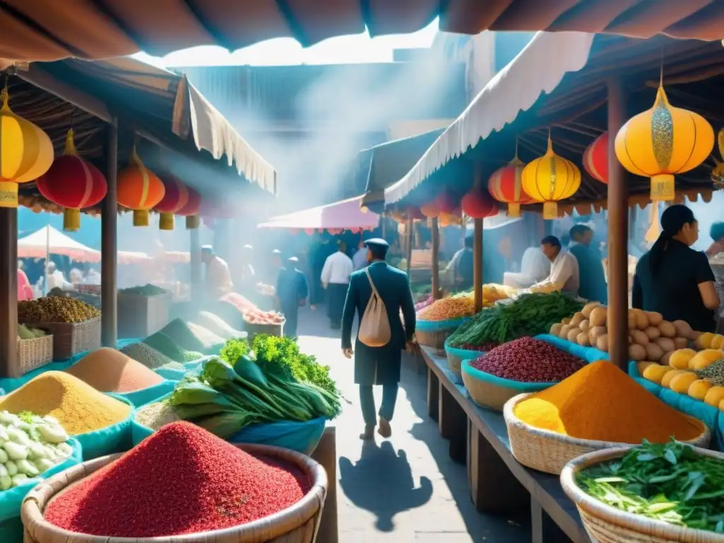 Vibrante mercado de especias y hierbas con puestos coloridos bajo el sol, en un viaje gourmet de mercados