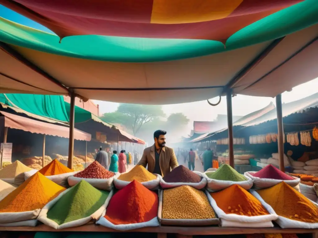 Un vibrante mercado de especias de la India con sacos de cúrcuma, comino y cardamomo bajo tejidos coloridos