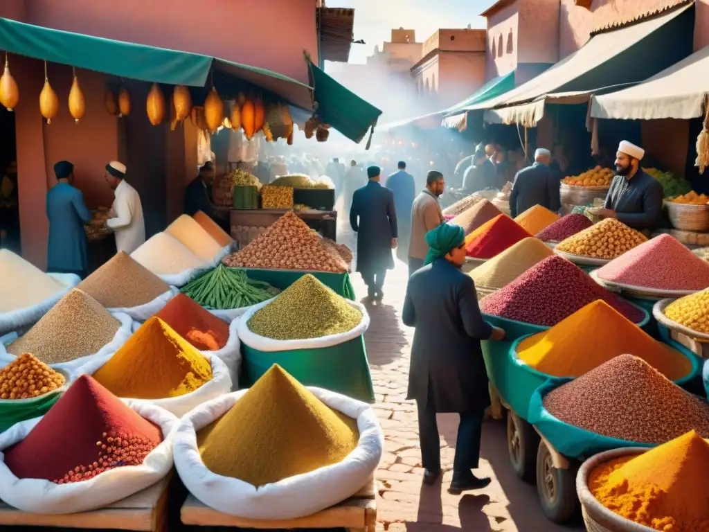 Vibrante mercado en Marrakech con especias y productos frescos