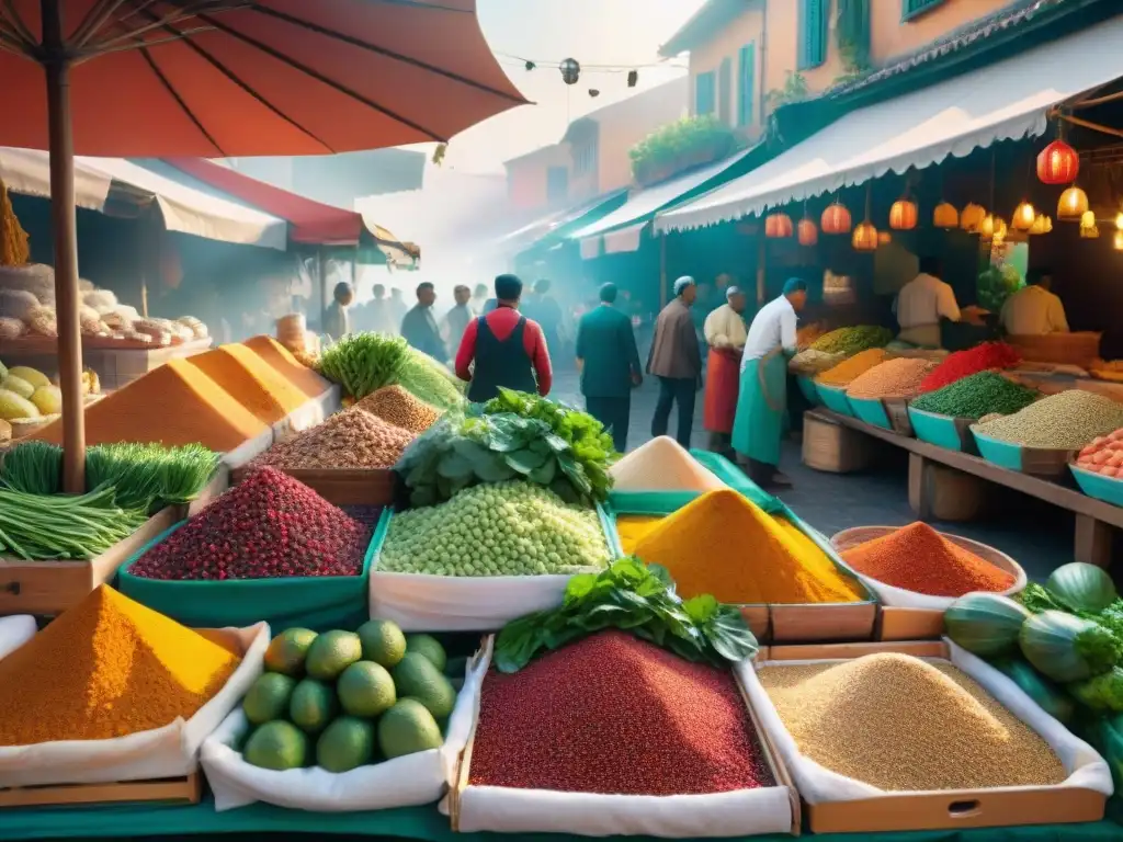 Mercado exótico: colores y sabores únicos de la cocina étnica Un vibrante mercado étnico con ingredientes frescos y exóticos