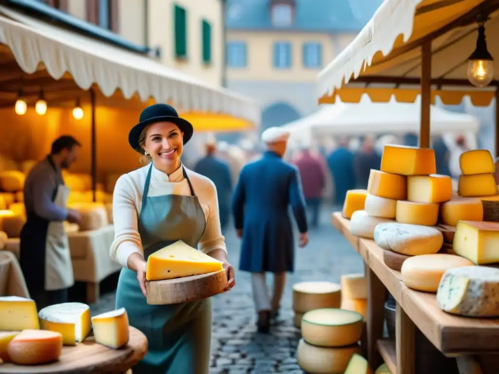 Un vibrante mercado europeo de quesos con productores y clientes, resaltando la gastronomía europea