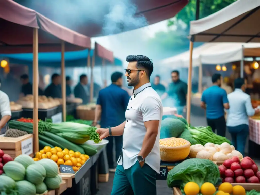 Vibrante mercado gastronómico al aire libre con chefs, food bloggers e influencers en una escena dinámica