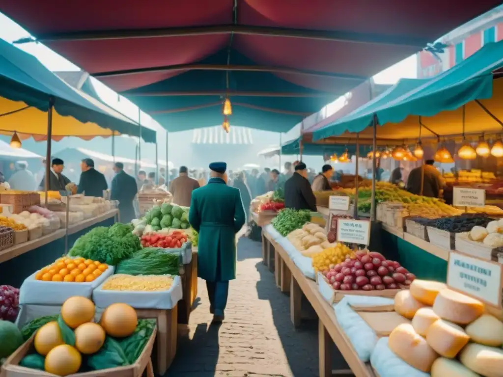 Vibrante mercado gastronómico con vendedores y clientes interactuando