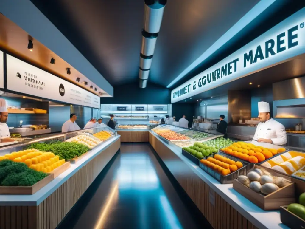 Vibrante mercado gourmet con chefs de renombre en acción, creando una experiencia culinaria única