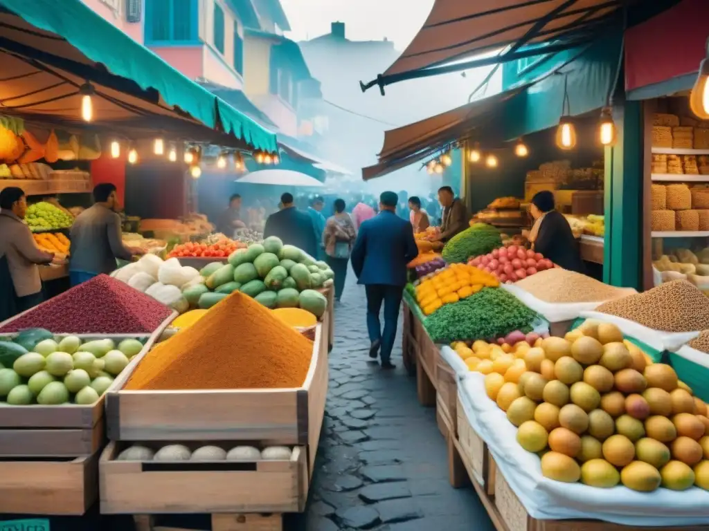 Un vibrante mercado gourmet en una ciudad latinoamericana, con frutas exóticas y especias