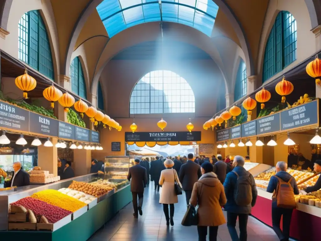 Un vibrante mercado gourmet lleno de coloridas frutas exóticas, pastelería recién horneada y quesos artesanales