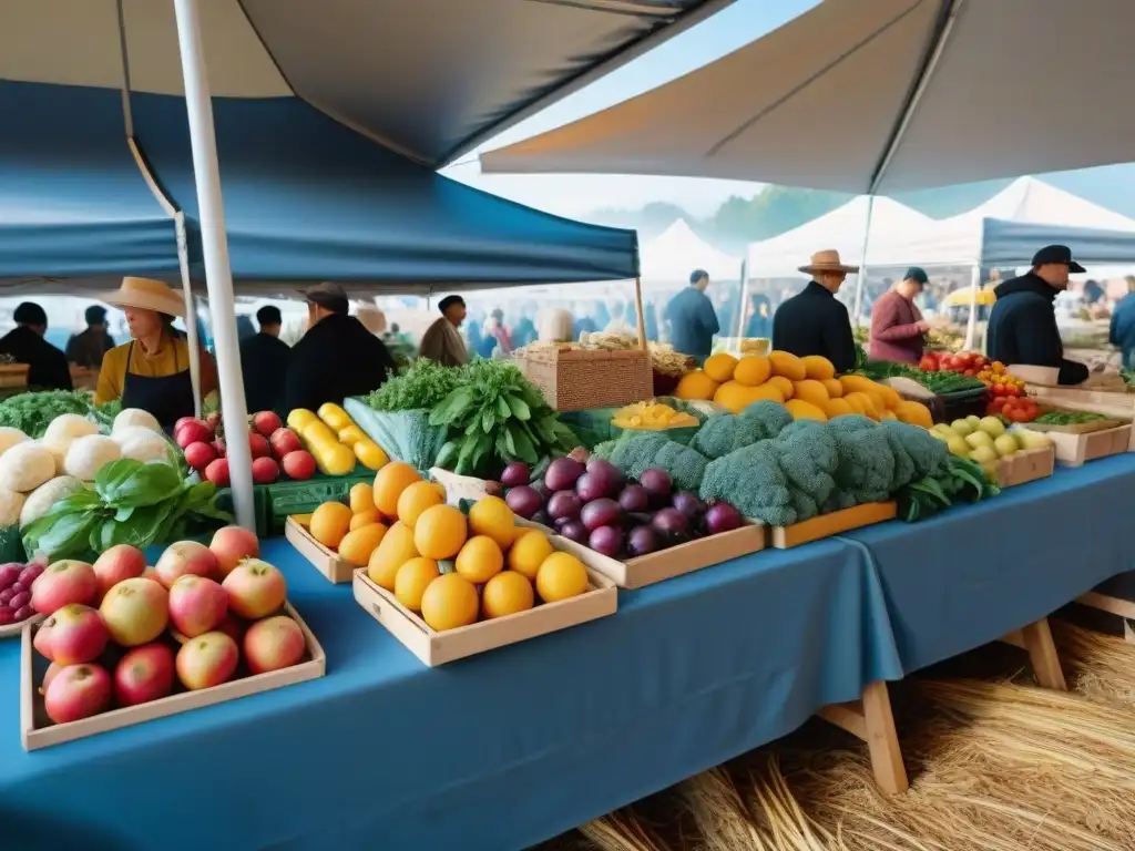 Un vibrante mercado de granjeros, abundante en productos frescos y coloridos bajo un cielo azul