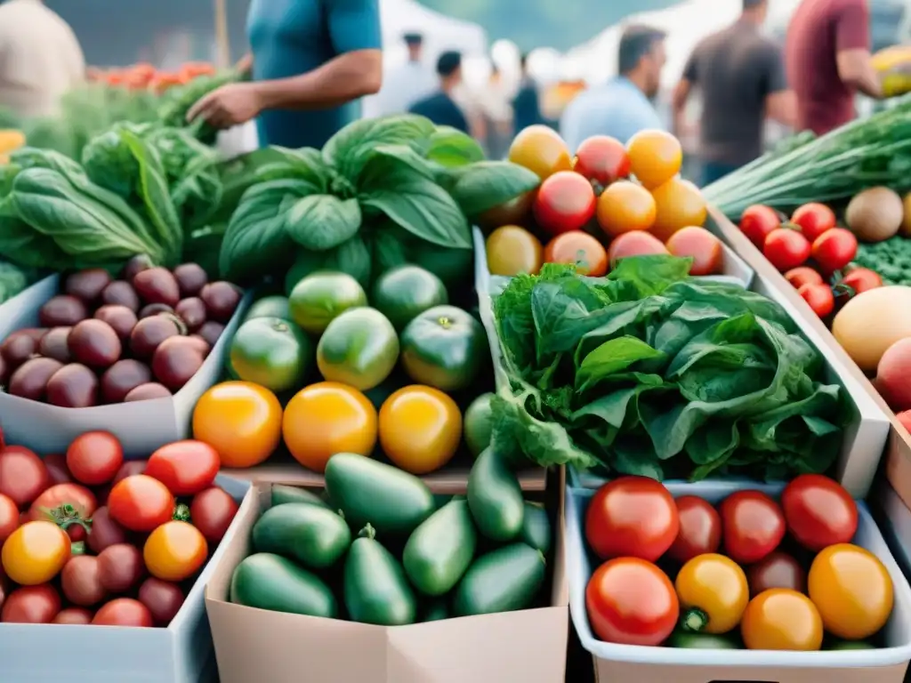 Un vibrante mercado agrícola con ingredientes frescos locales para platos deliciosos