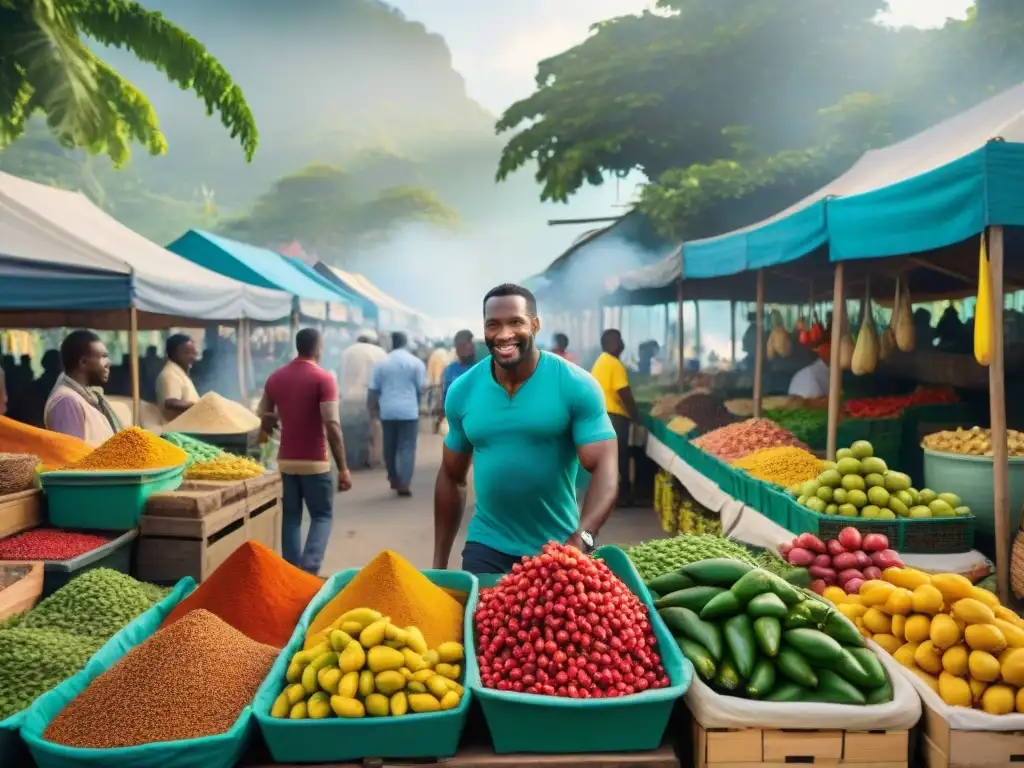 Un vibrante mercado jamaicano rebosante de ingredientes versátiles