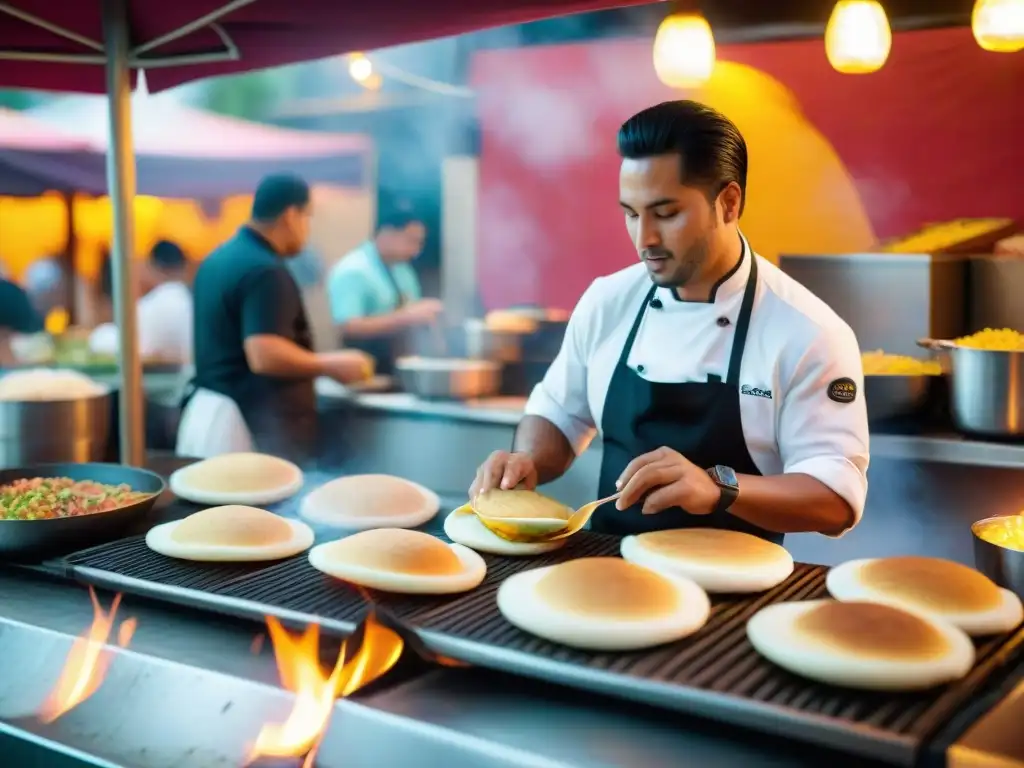 Un vibrante mercado latino con platos callejeros gourmet y chefs apasionados preparando arepas, tacos al pastor y más